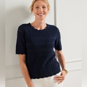 Talbots MIXED POINTELLE STITCH SWEATER Navy Blue Knit Top Plus Size X